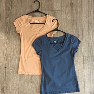 Aveto Women's Short Sleeve V-Neck Tops - Blue and Tan Cotton Stretch Basics